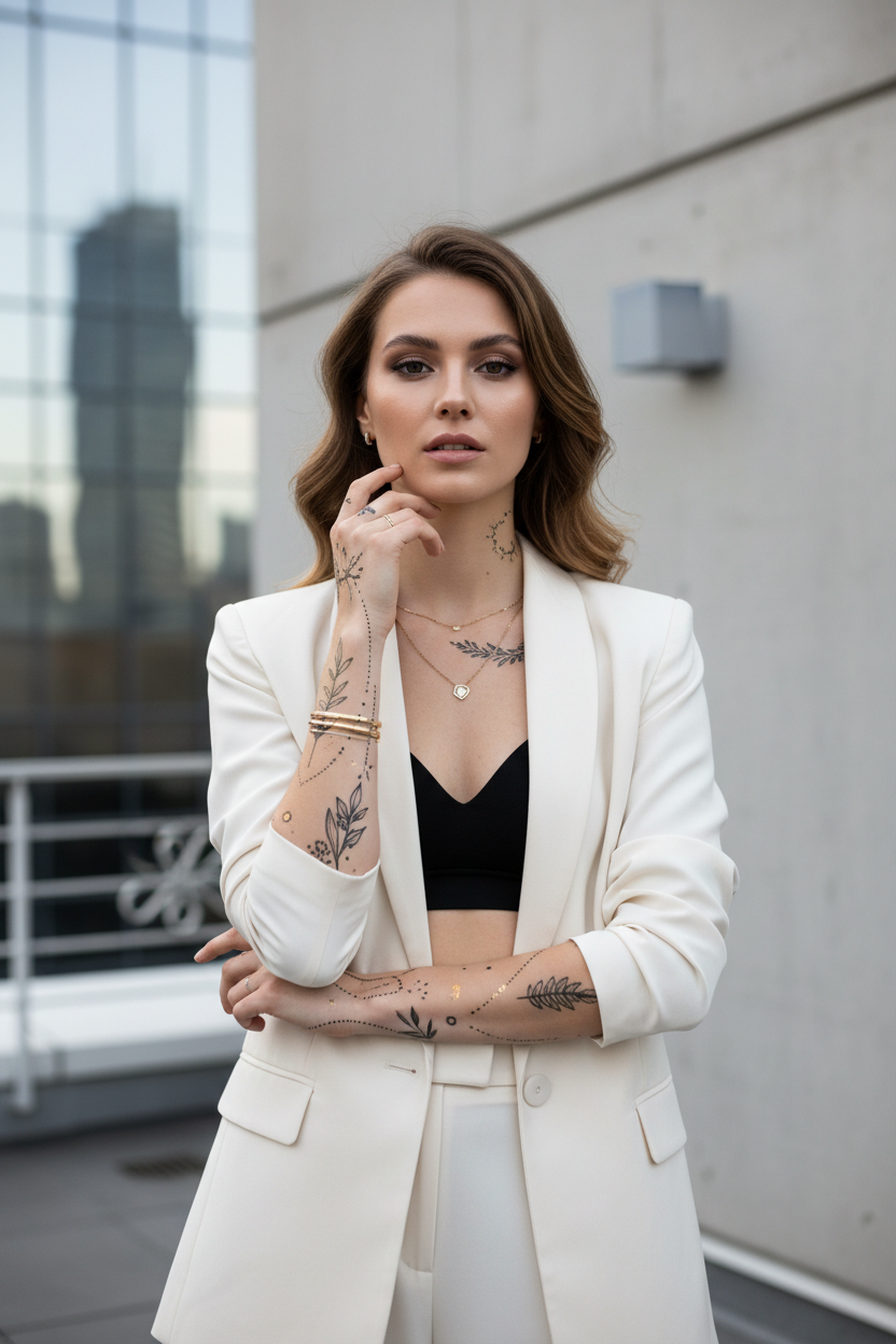Create a high-quality vertical image (9:16, 1080x1920) of a stylish young woman with realistic temporary tattoos on her arm, wrist, shoulder, or collarbone.

Style: modern, urban, or luxury fashion
Pose: natural, confident, elegant

Background: clean, minimalist, or subtle urban setting

Lighting: soft, professional, fashion photoshoot style